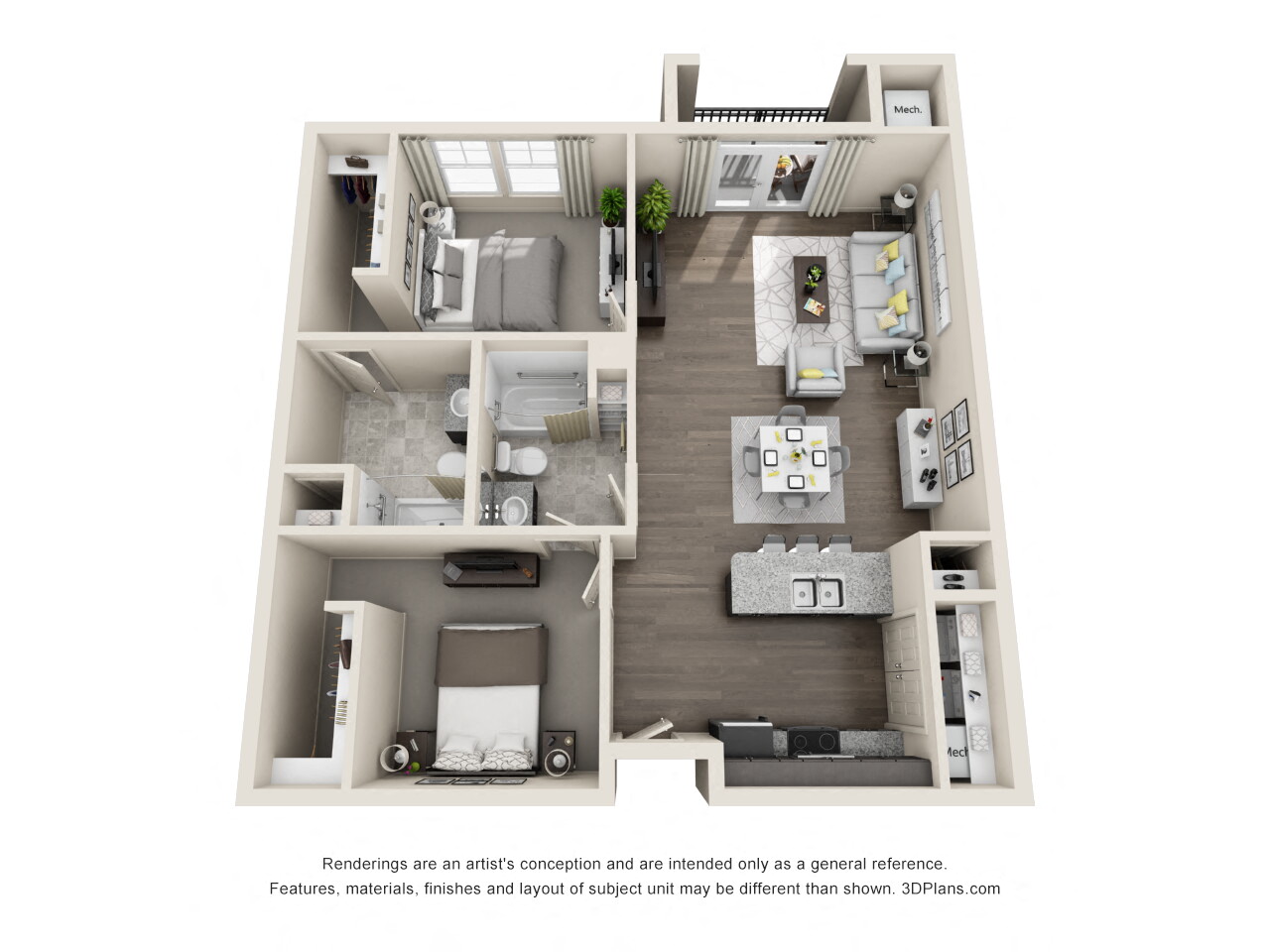 Floor plan for 2 beds, 2 baths, 994 sqft